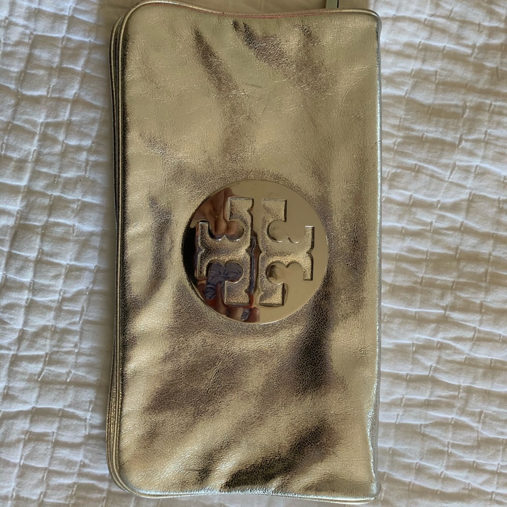 Tory Burch Reva silver clutch